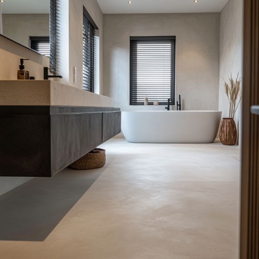 Badkamer met wastafel en bad met een lichte lavasteen gietvloer