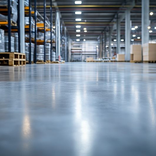 Een bedrijfspand met opslagpunten aan de zijkant en een industrievloer