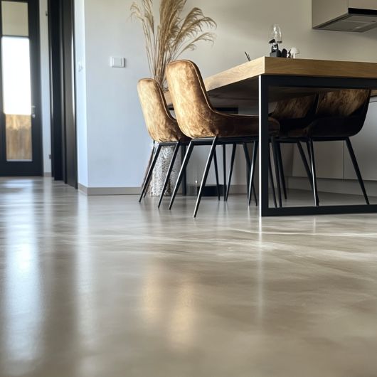 Een eetkamer met beige stoelen en een licht bruine cementgebonden gietvloer