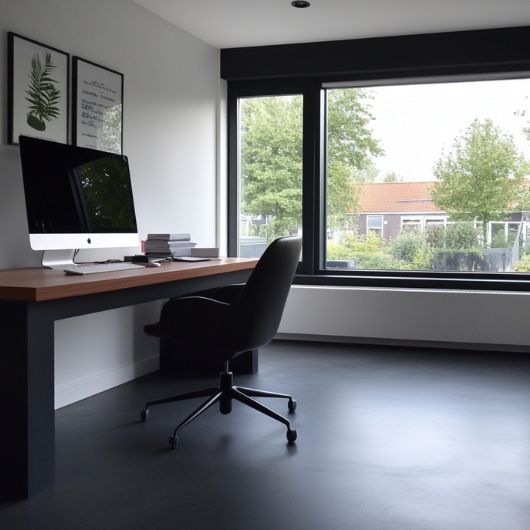 Een werkruimte met een bureau en computer met een woonbeton gietvloer