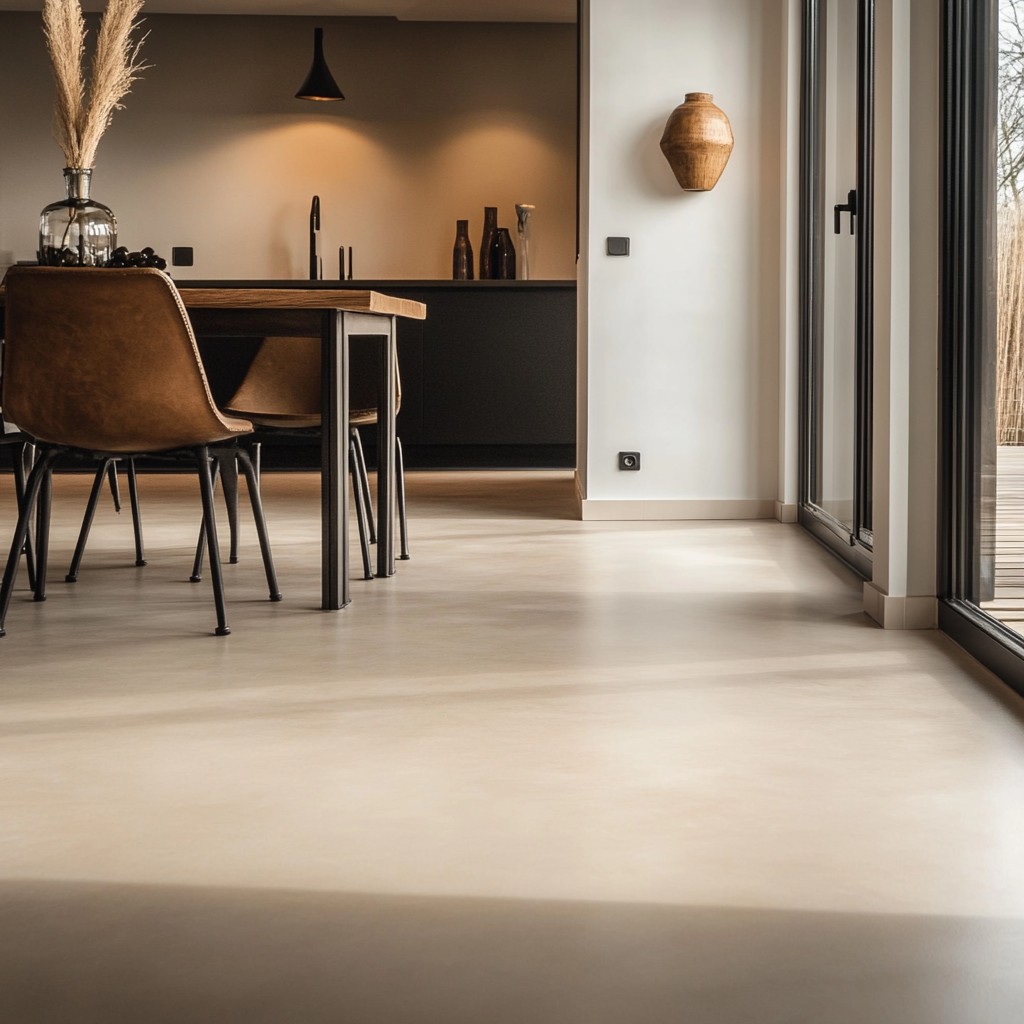 Eetkamer met een gedeelte van de keuken met een lavasteen gietvloer