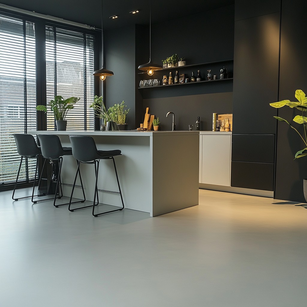 Kookeiland met barkrukken en een witte betonlook gietvloer
