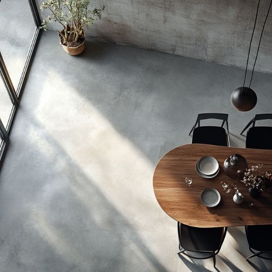 Moderne eetkamer met een betonlook gietvloer