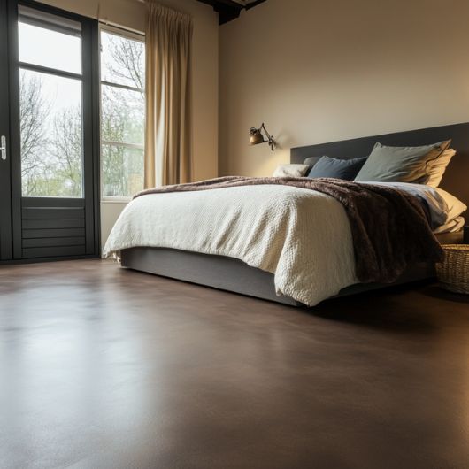 Slaapkamer met een grijs bed en een donker bruine cementgebonden gietvloer