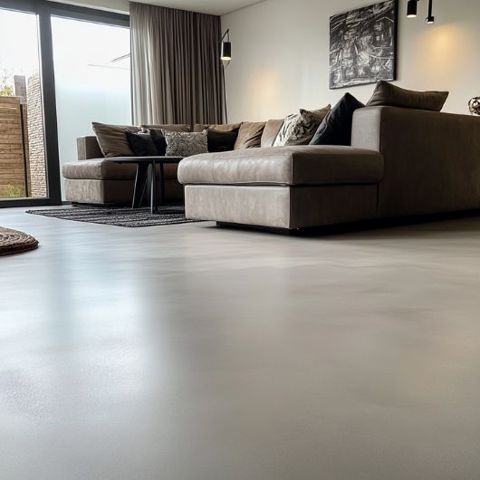 Woonkamer met een beige bank en vloerkleed en een licht grijze betonlook gietvloer