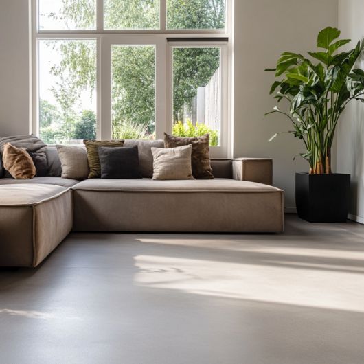 Woonkamer met een plant in de hoek en een beige betonlook gietvloer