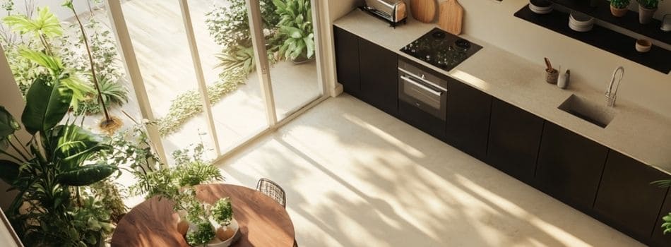 Lichte gietvloer met een zwarte keuken